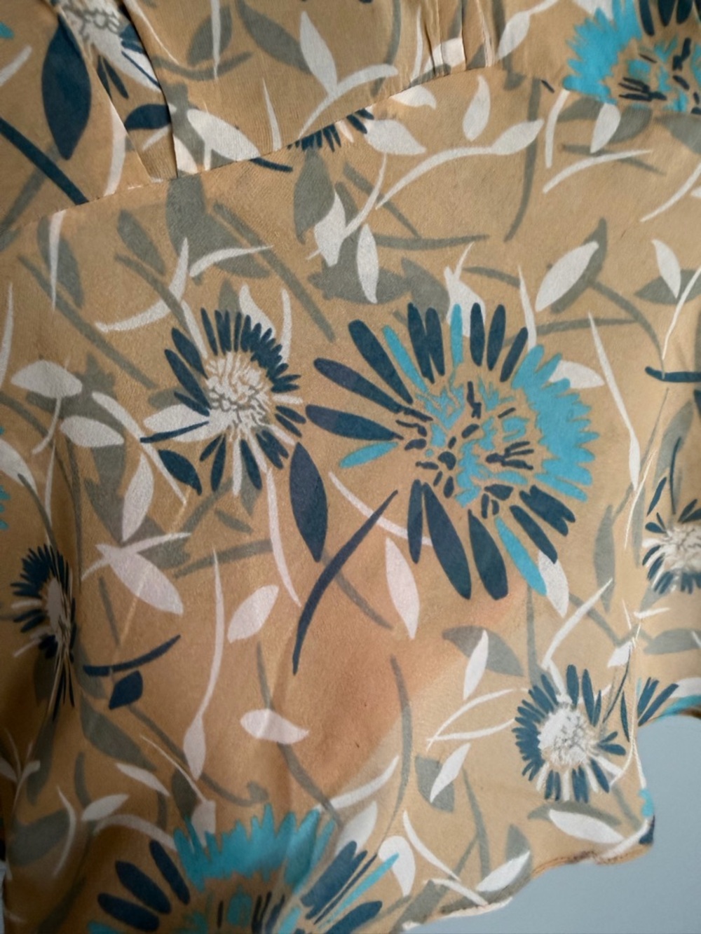 St. John Silk Teal Golden Yellow Floral Collarless Cap Sleeve Sheer Blouse Top - Picture 16 of 16